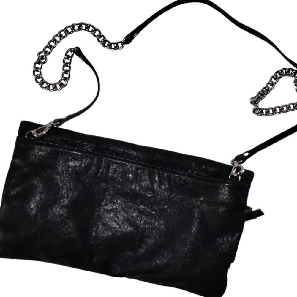 Bag Black Leather Clutch Purse Silver Chain Shoulder Bag Classicore Gothcore